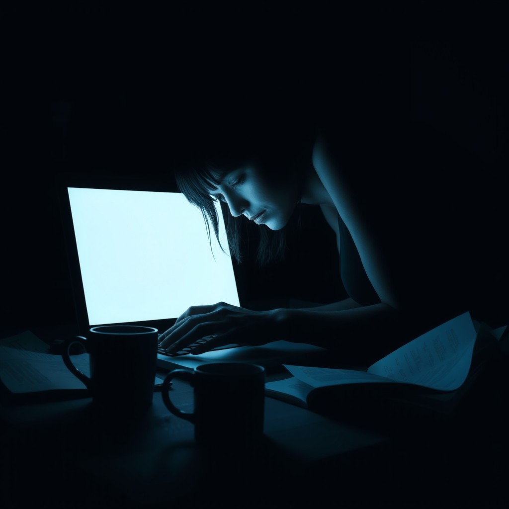 A tense atmosphere with dim lighting, featuring the silhouette of a female figure leaning over a glowing laptop screen