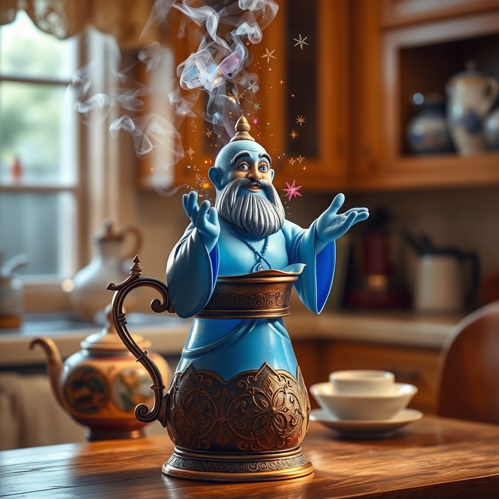A magical scene depicting a genie emerging from a vintage coffee maker