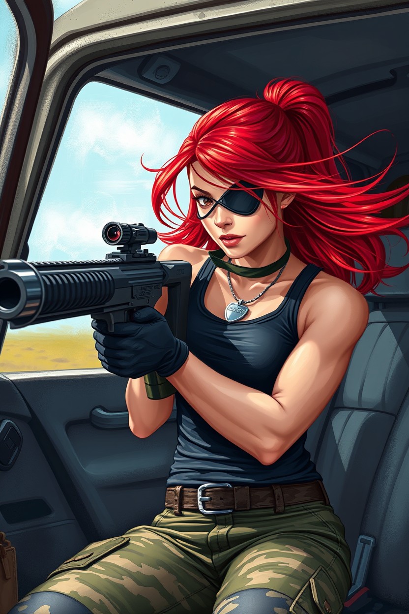 A painting style image of a beautiful athletic woman with striking red hair that flows elegantly in the wind