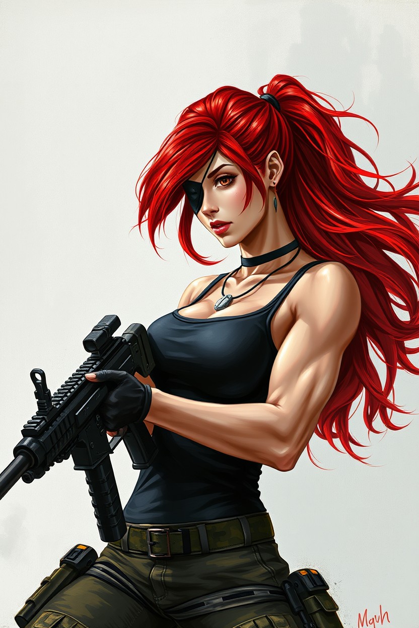 A painting style artwork featuring a beautiful athletic woman with striking red hair that flows dynamically in the wind