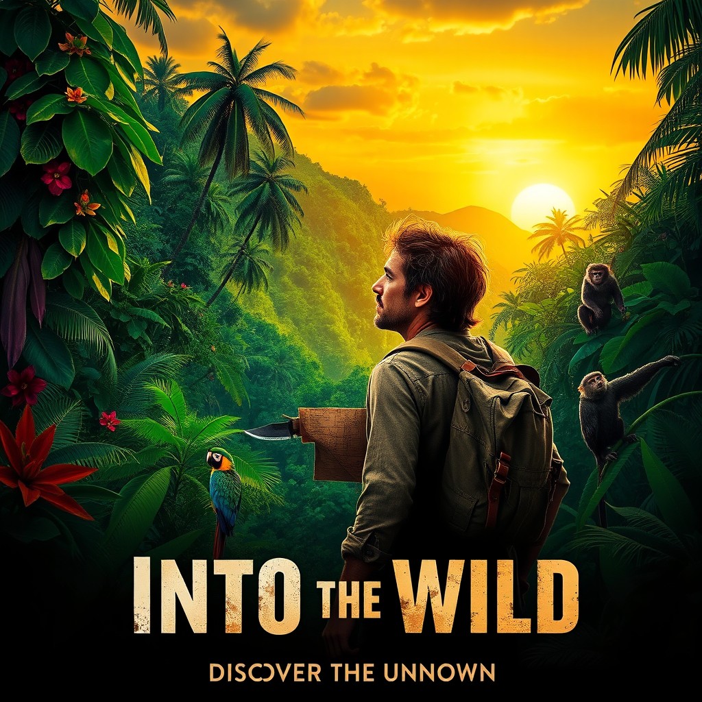 A vivid and adventurous movie poster for a jungle film, featuring a lush green jungle landscape filled with exotic trees, colorful flowers, and wildlife such as parrots and monkeys