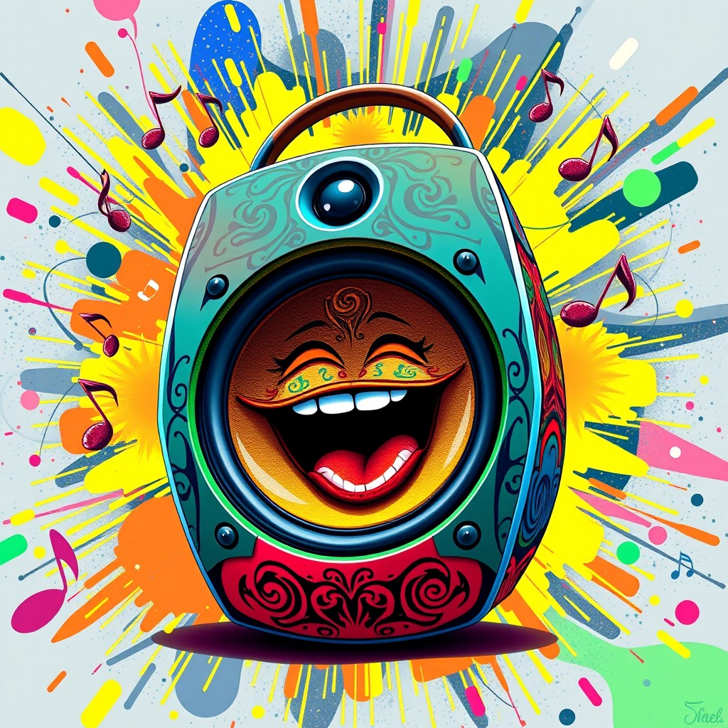 A vibrant speaker with a multicolored mouth, exuding a playful and artistic vibe