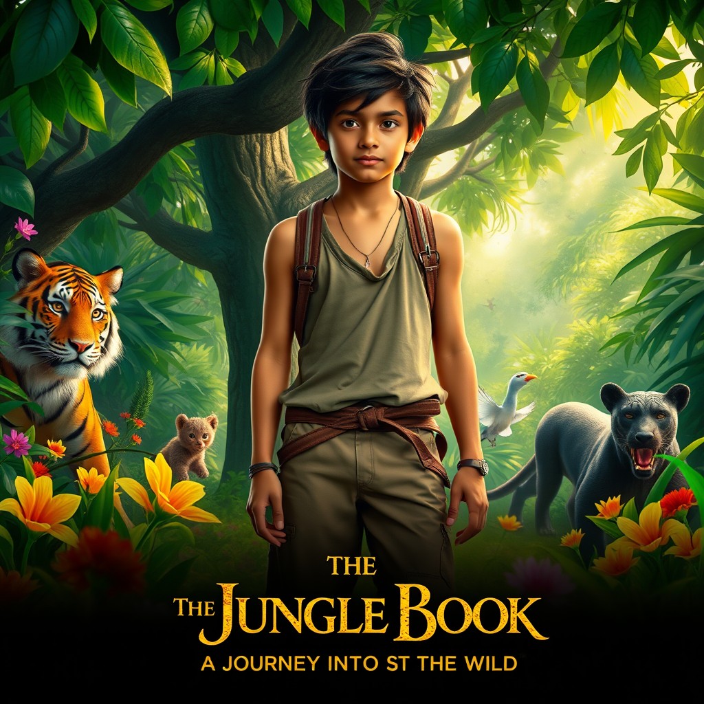 A captivating movie poster for 'The Jungle Book', featuring a vibrant jungle setting filled with lush green foliage, colorful flowers, and exotic animals like a tiger, a bear, and a panther