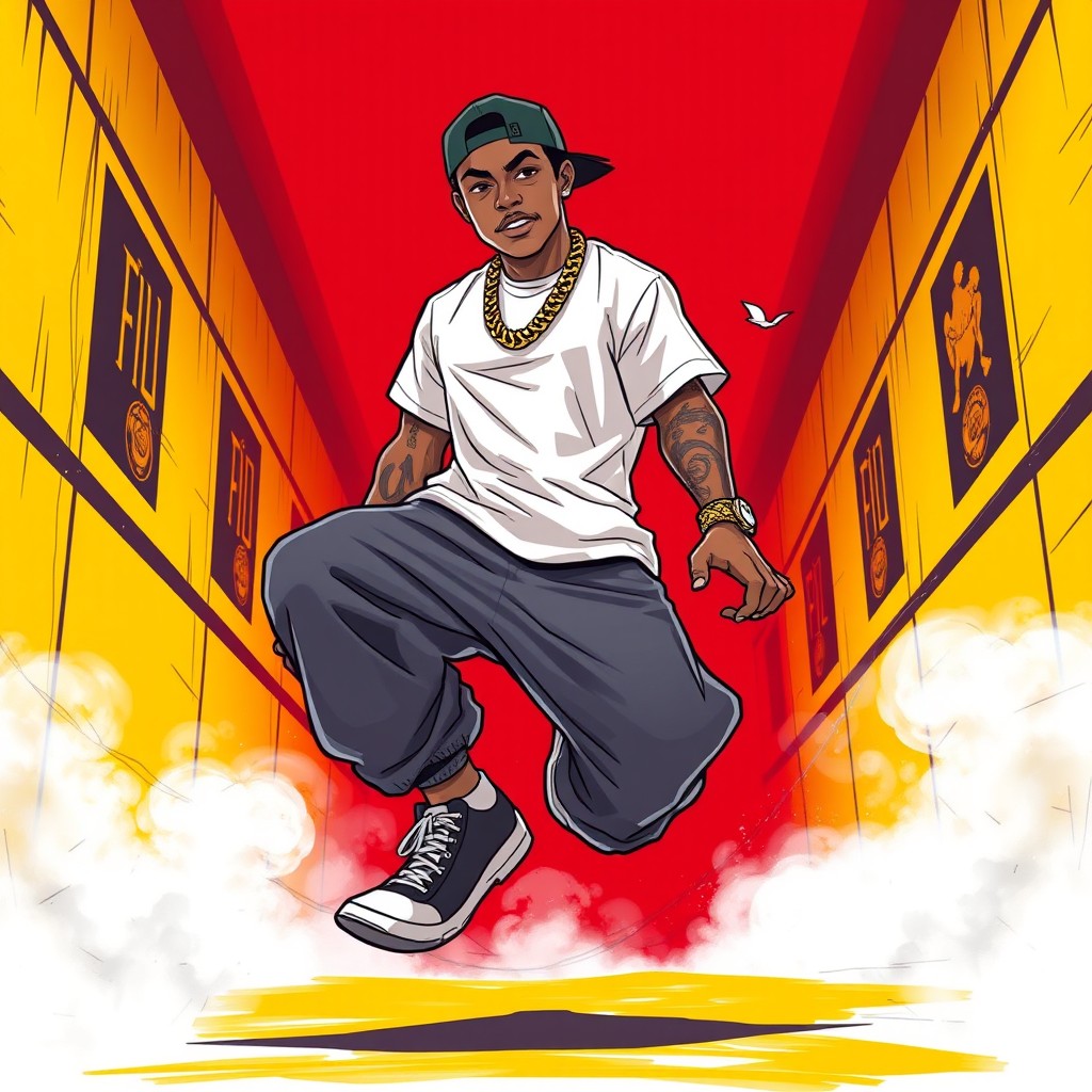 A gangsta character walking on his hands, striking a confident pose
