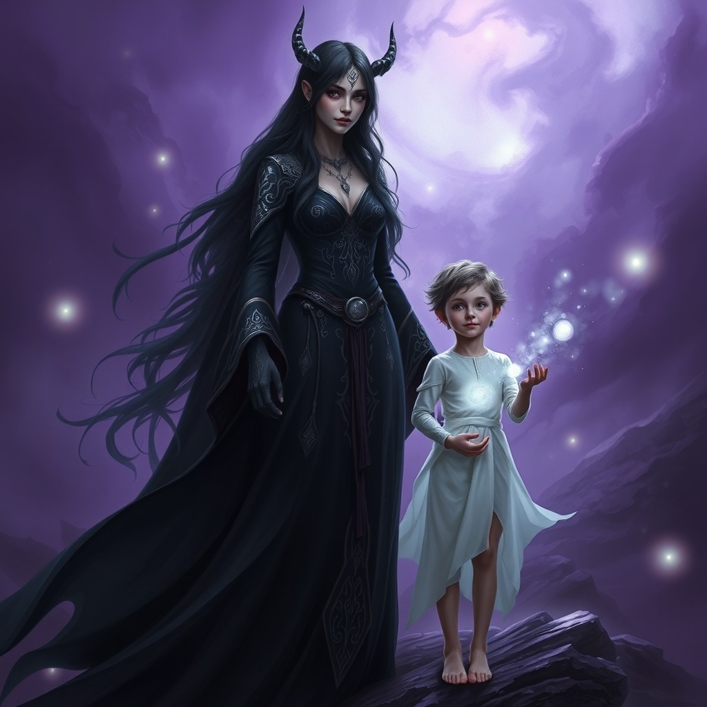 A dark goddess, embodying shadows and mystery, stands confidently in a fantastical landscape