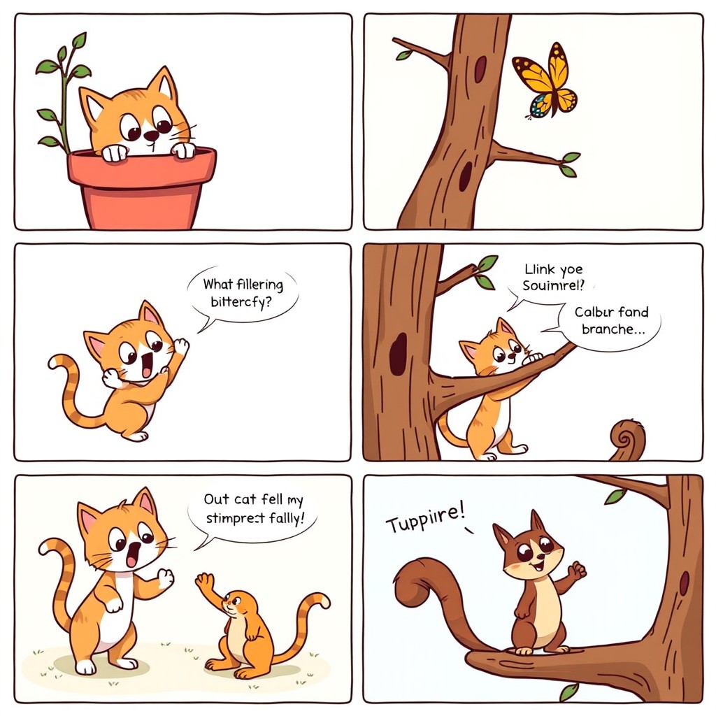 A whimsical 6-panel comic strip, featuring a charming, humorous storyline