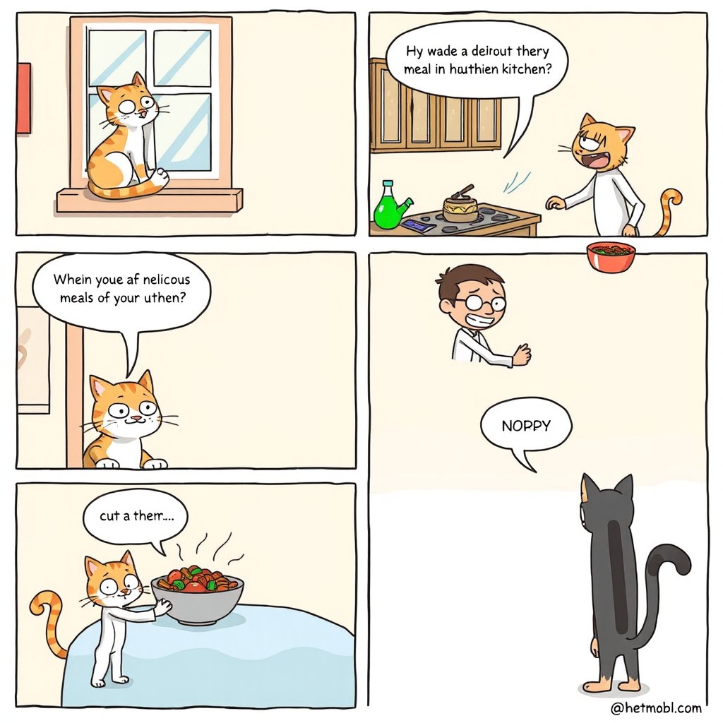 A humorous 6 panel comic strip featuring a quirky cat and its owner