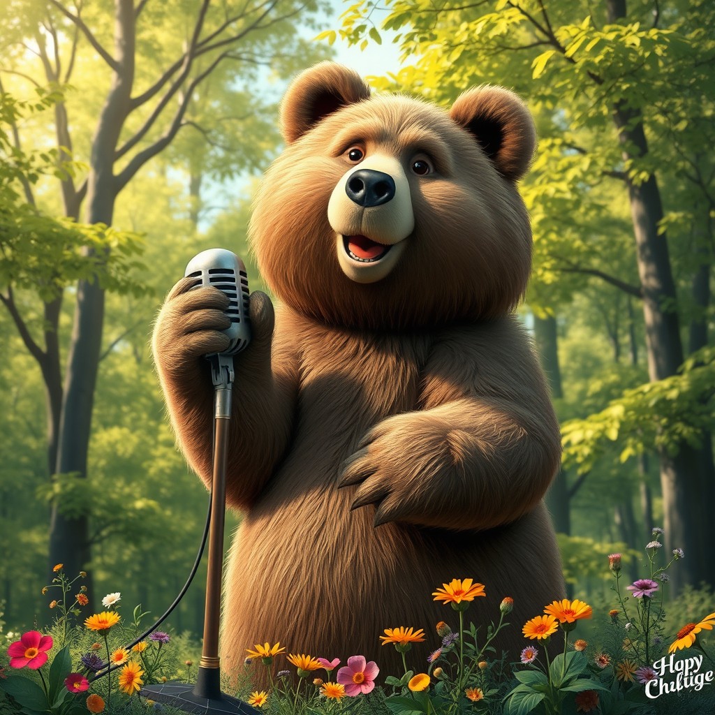 A large, fluffy bear holding a vintage microphone, set in a lush forest backdrop