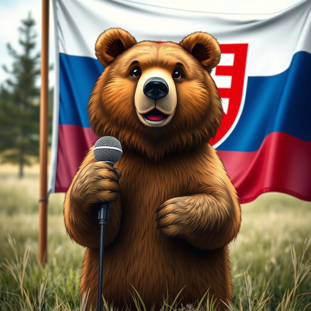 A bear holding a microphone, standing proudly in front of the Slovakia flag