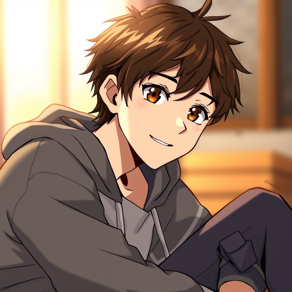 An anime style profile picture of a shaggy brown-haired white/Asian male character with hazel eyes