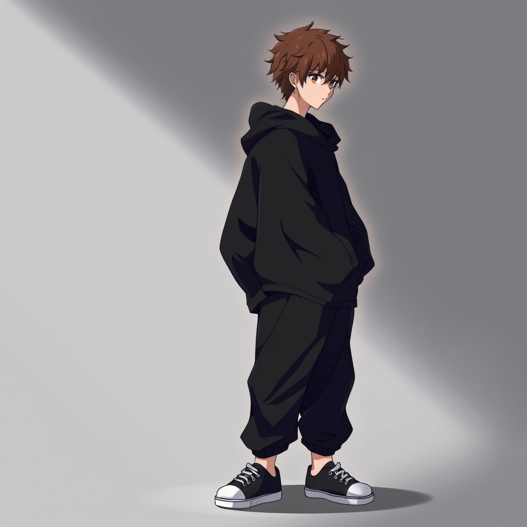 An anime style full-body profile picture of a shaggy brown-haired white/Asian male character with hazel eyes