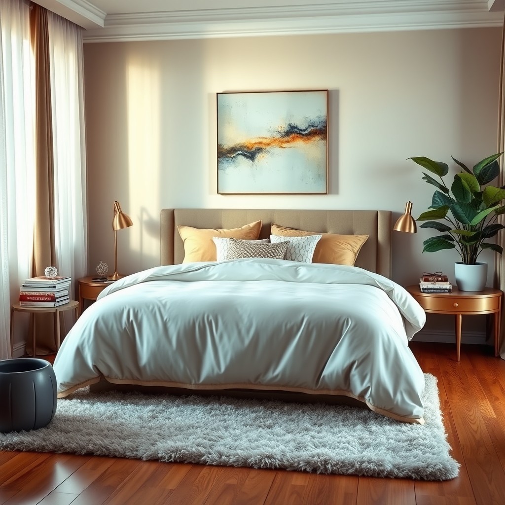 A cozy and stylish modern bedroom with a large, plush bed featuring a luxurious duvet and several decorative pillows