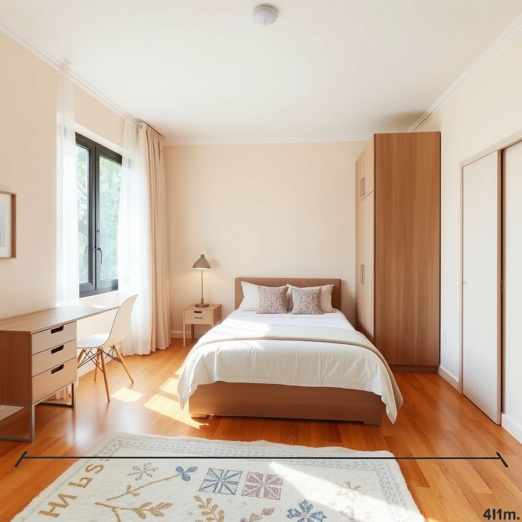 A cozy bedroom measuring 4 meters in length and 3 meters in width, featuring a well-made bed centered against the longest wall, adorned with a plush comforter and decorative throw pillows