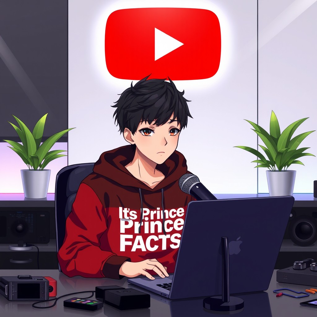 An anime boy, appearing 16 years old, sitting at a modern computer desk