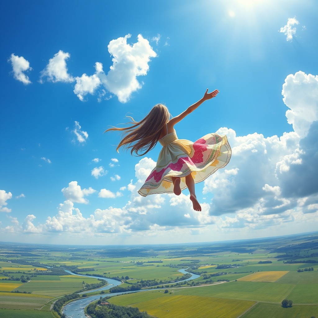 A girl with long flowing hair, soaring gracefully through the sky like a bird, with vibrant blue sky and fluffy white clouds surrounding her