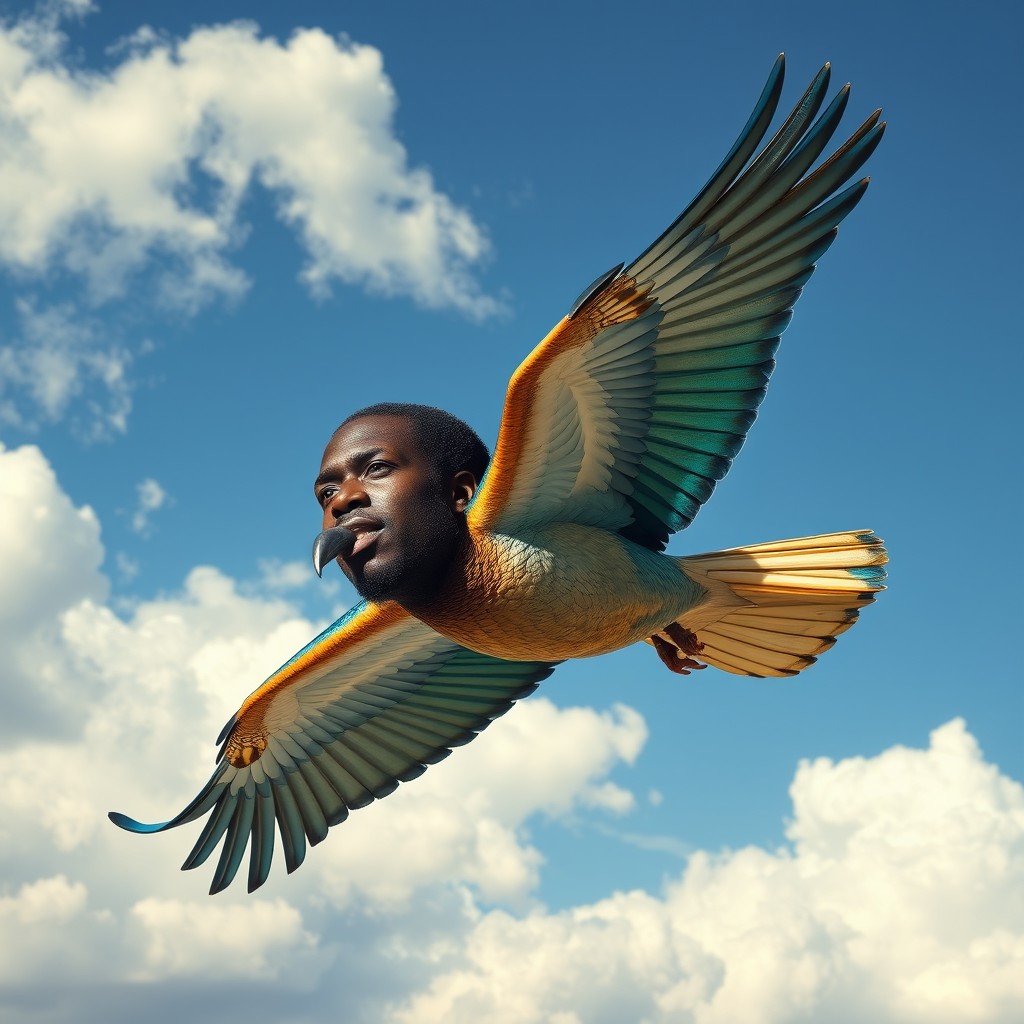 A surreal image of a bird with the head of a Black man soaring majestically through the sky