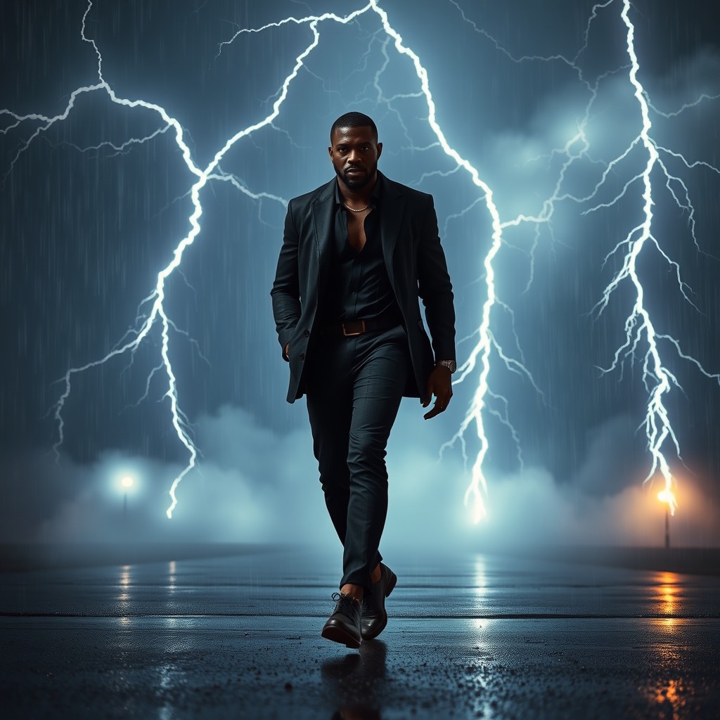 A powerful image of a black man walking at night under dramatic lightning strikes and booming thunder