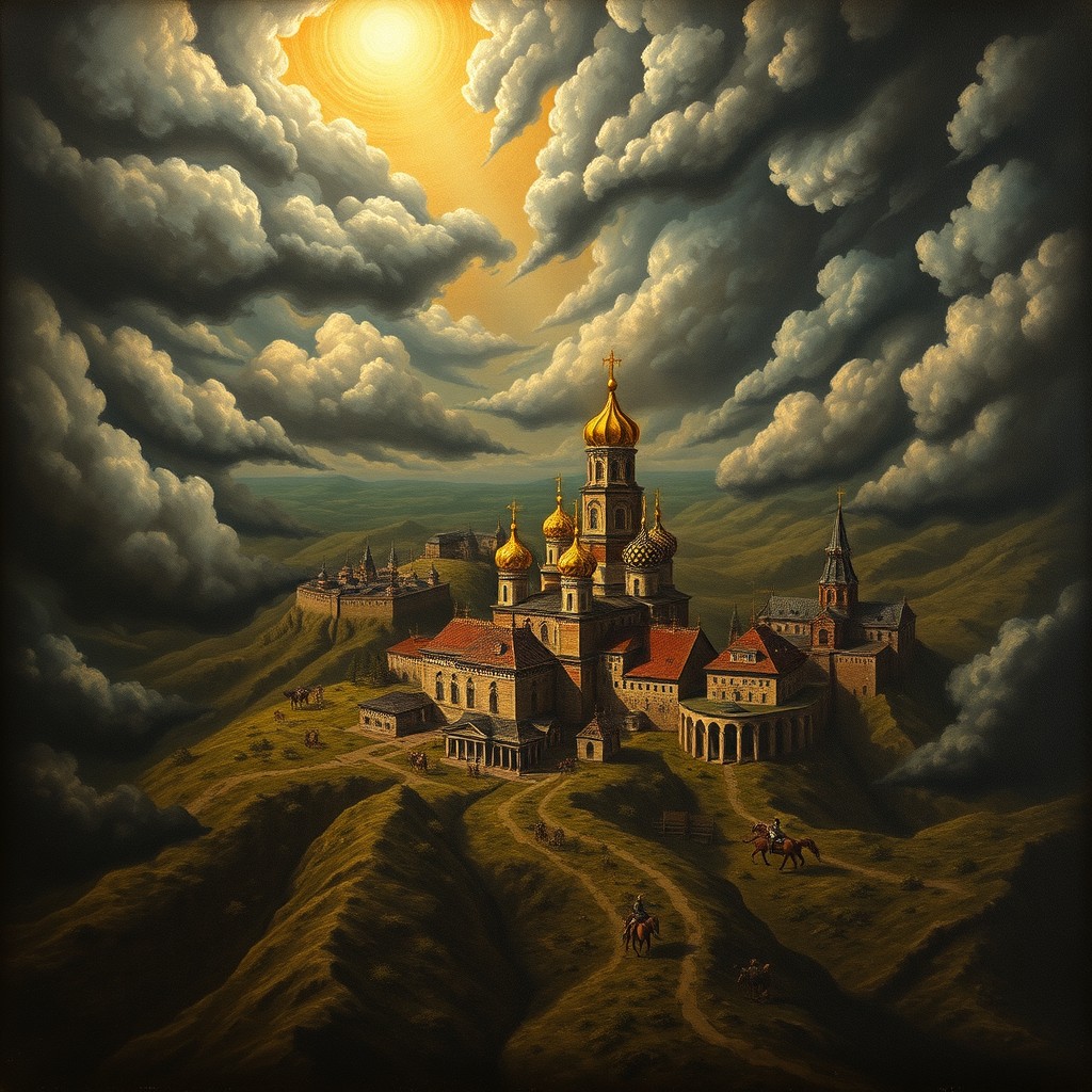 A symbolic medieval map-style painting depicting the small Principality of Moscow at the center, surrounded by larger and more powerful neighbors