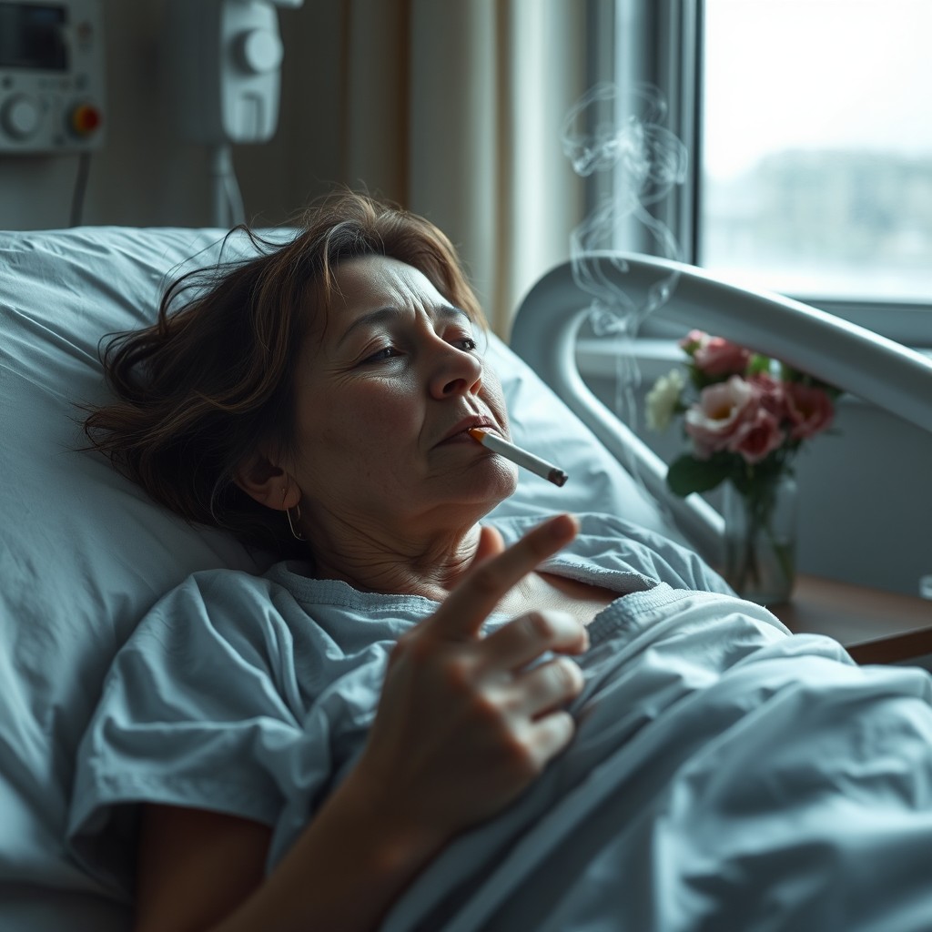 A sick woman lying on a hospital bed, with a contemplative expression on her face, smoking a cigarette