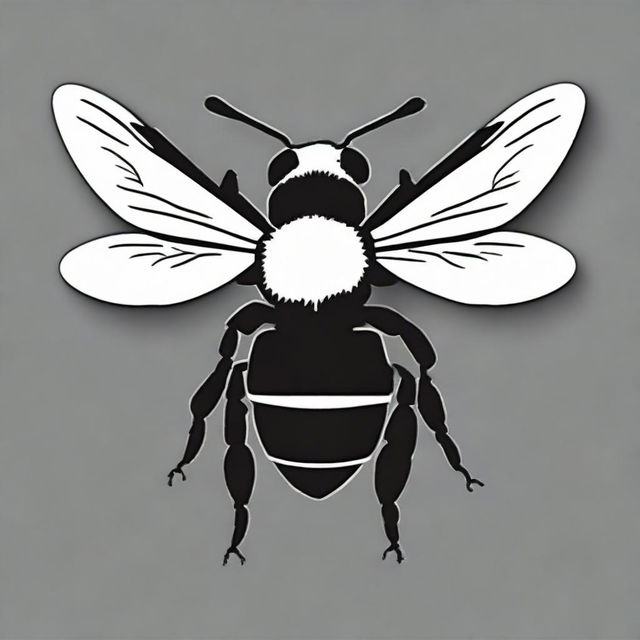 Generate a simple, high contrast bee silhouette viewed from the top. It should be in black and white, logo style, line art, with a white background.