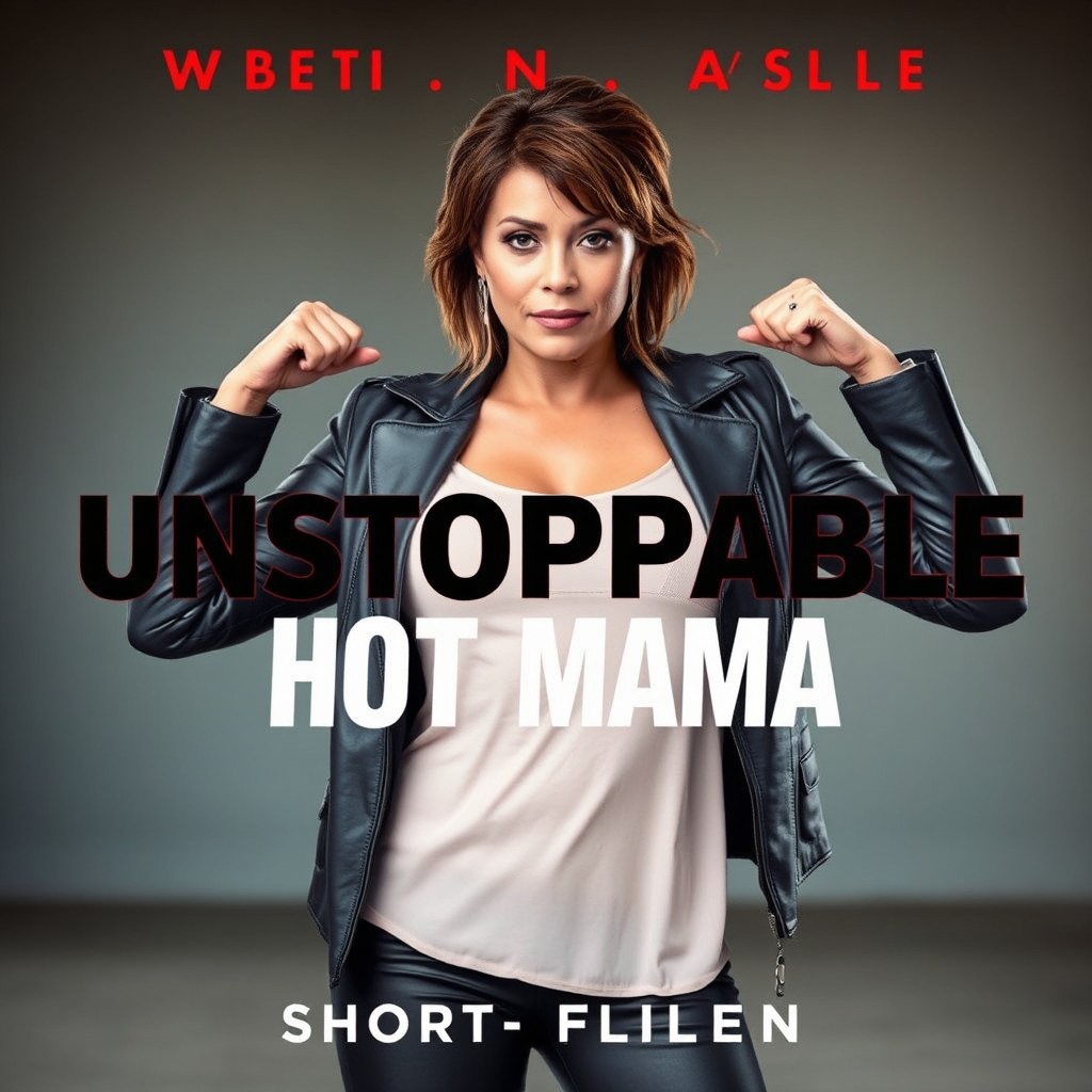 A captivating video cover for the short film titled 'Unstoppable Hot Mama', featuring a real-life female model in a powerful pose