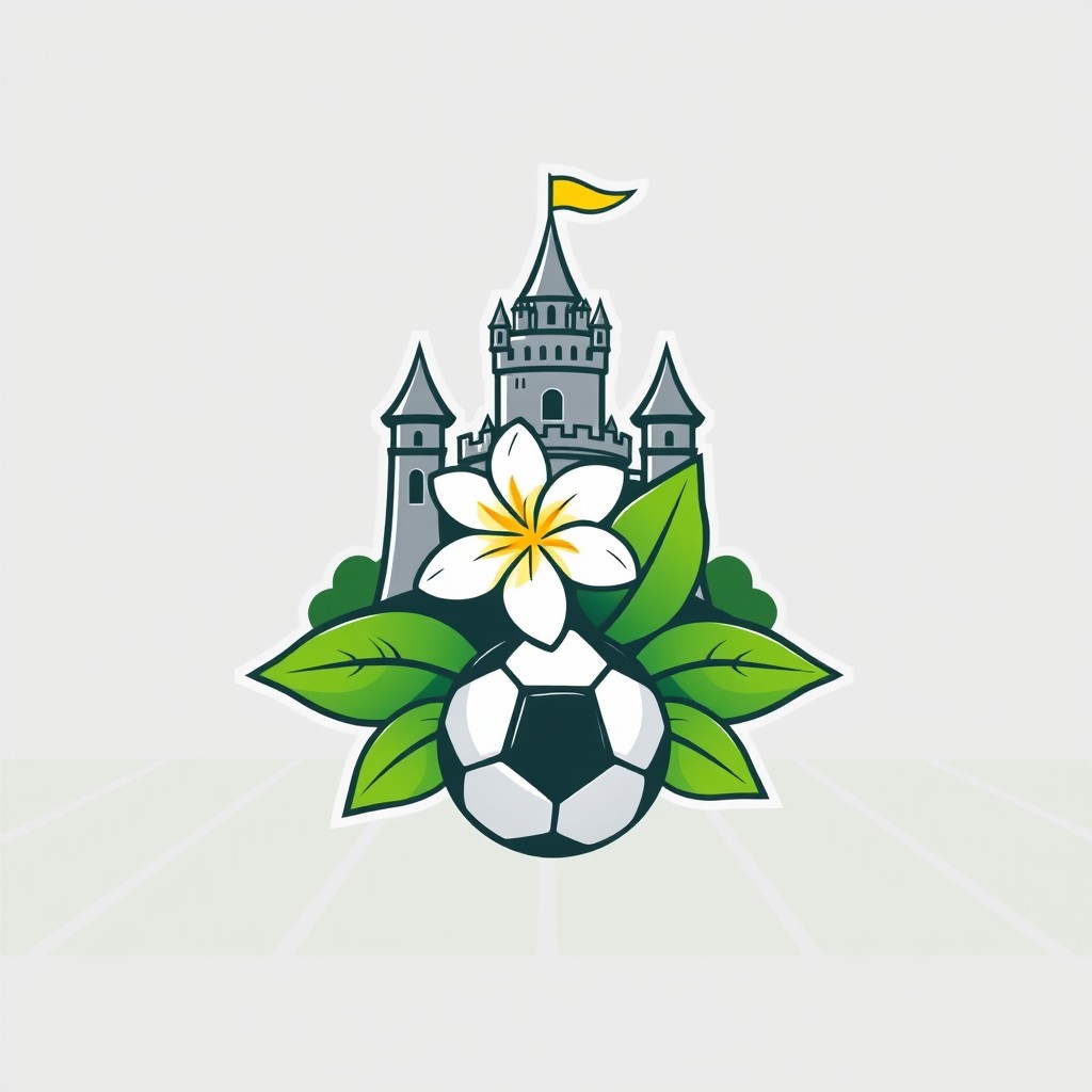A vibrant logo design for a soccer club featuring a beautiful jasmine flower intertwined with a regal castle