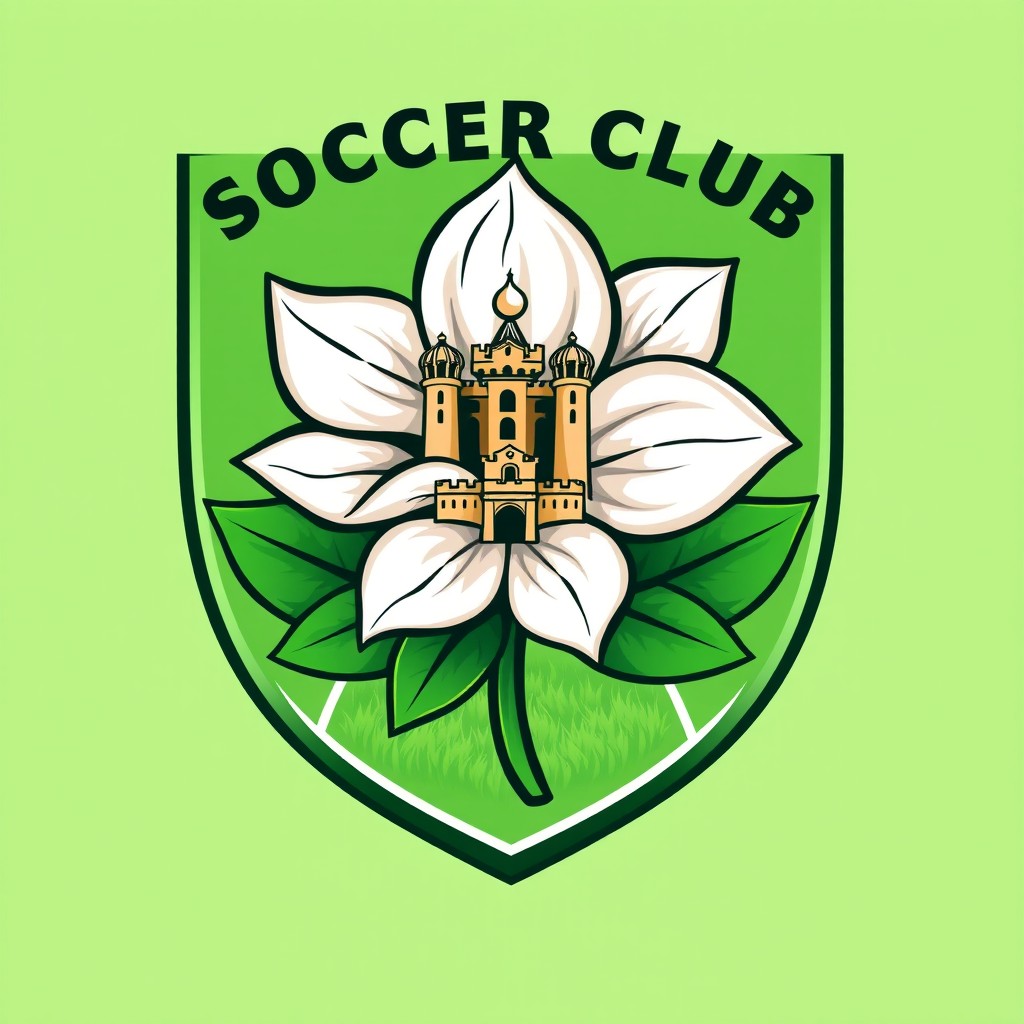A logo design for a soccer club, featuring a beautifully detailed jasmine flower prominently displayed at the center