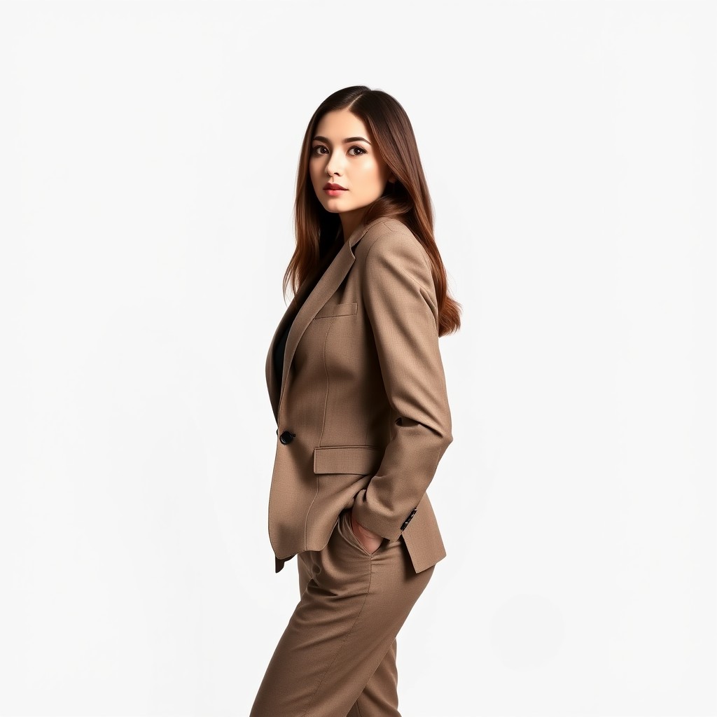 A confident Kyrgyz girl wearing a stylish suit, elegantly posing while looking away from the camera