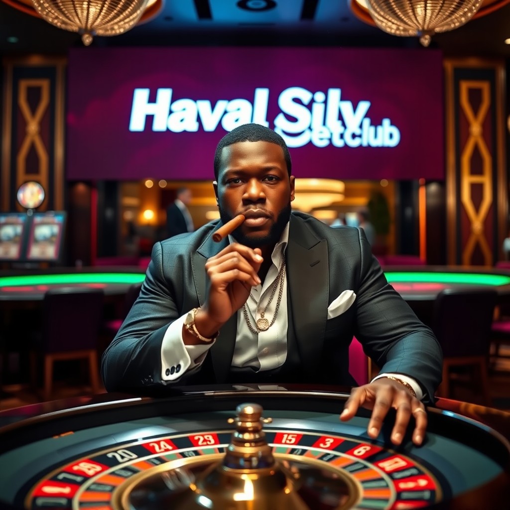 A professional design featuring the rapper 50 Cent sitting at a roulette table, holding a cigar
