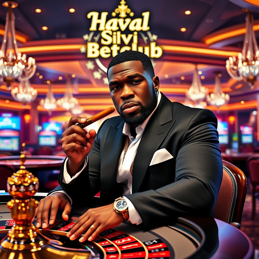 A professional design featuring the rapper 50 Cent sitting at a roulette table, holding a cigar