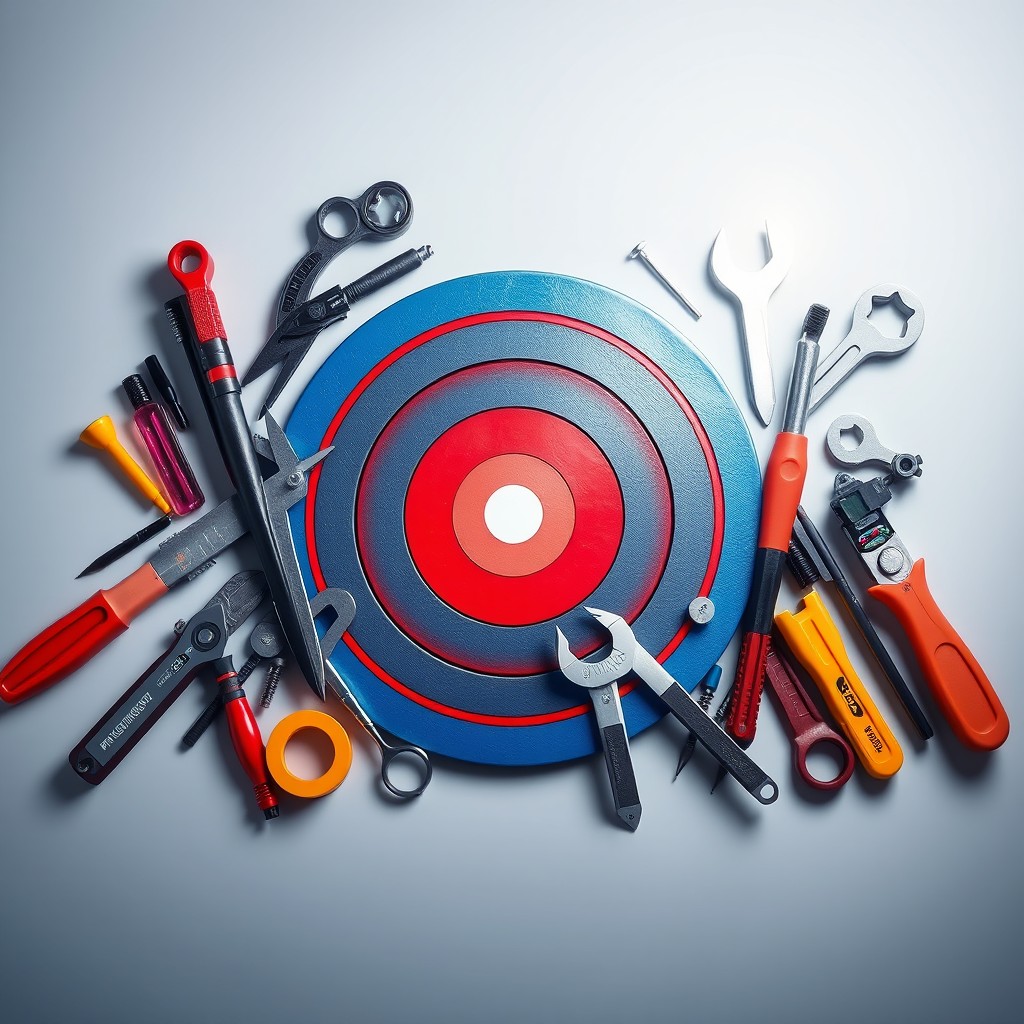 A vibrant and dynamic composition featuring a target bullseye prominently displayed in the center
