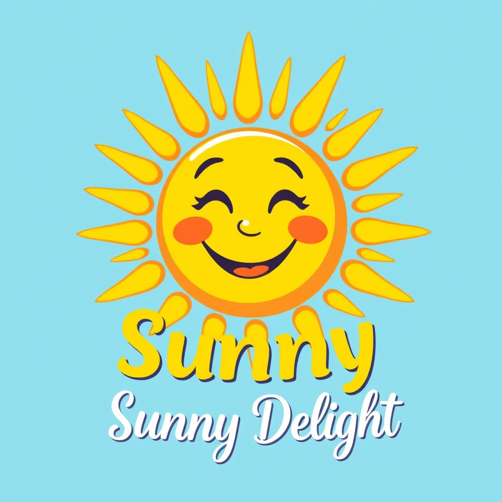 A cheerful and vibrant logo design featuring a smiling sun with bright yellow rays radiating outward