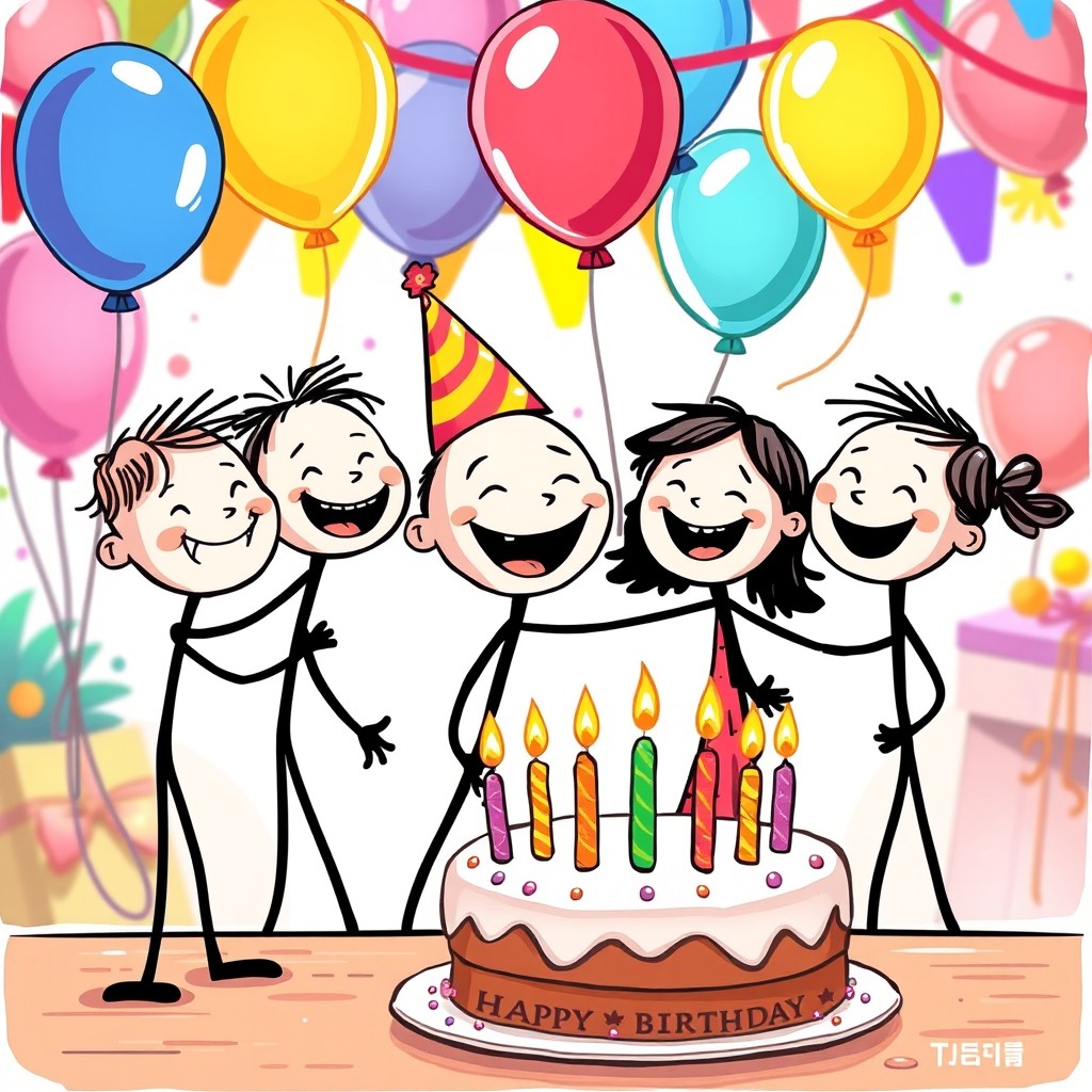 A whimsical illustration of four thick stick figure friends joyfully gathered together for a birthday celebration