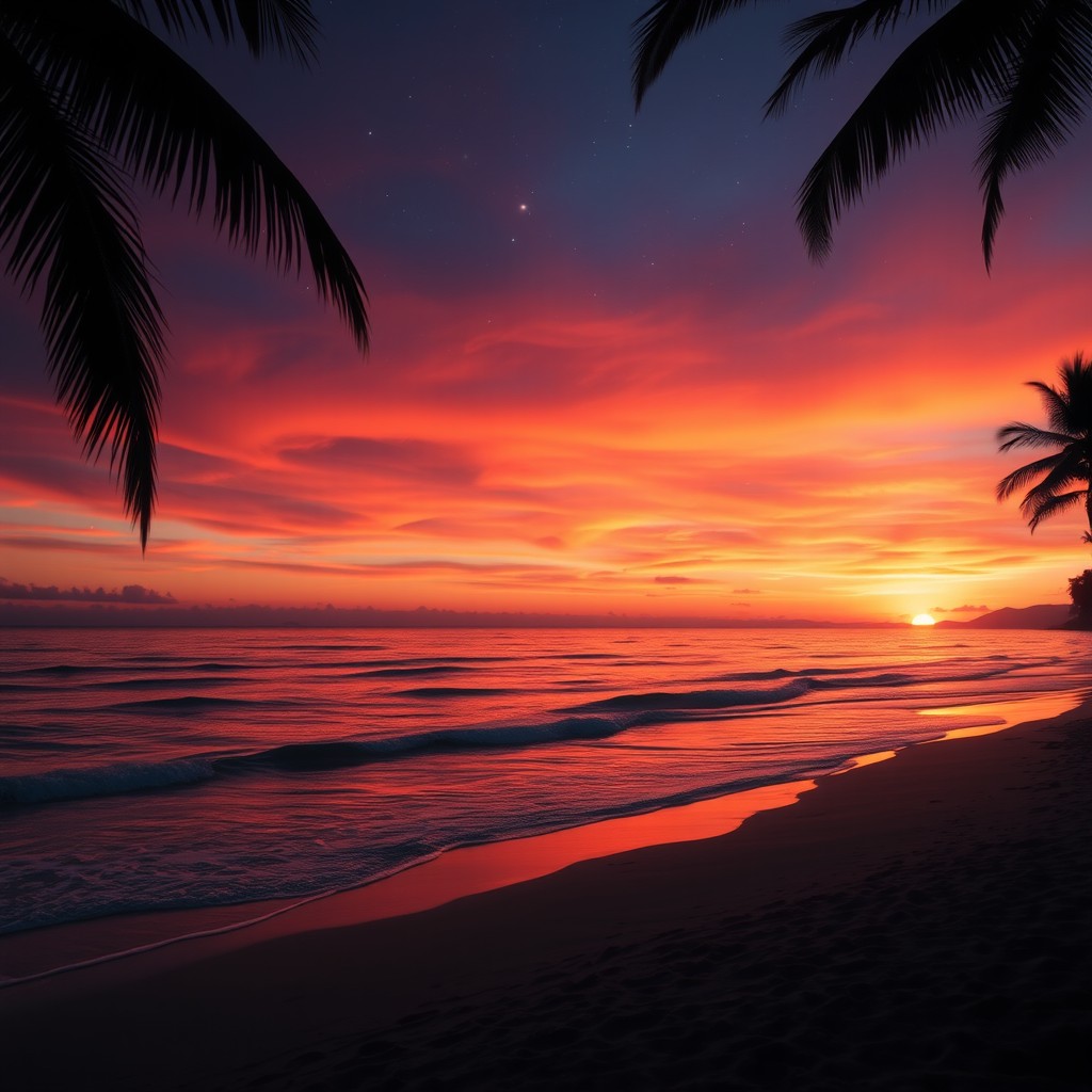 A tranquil beach scene at sunset, with vibrant orange, pink, and purple hues in the sky as the sun dips below the horizon