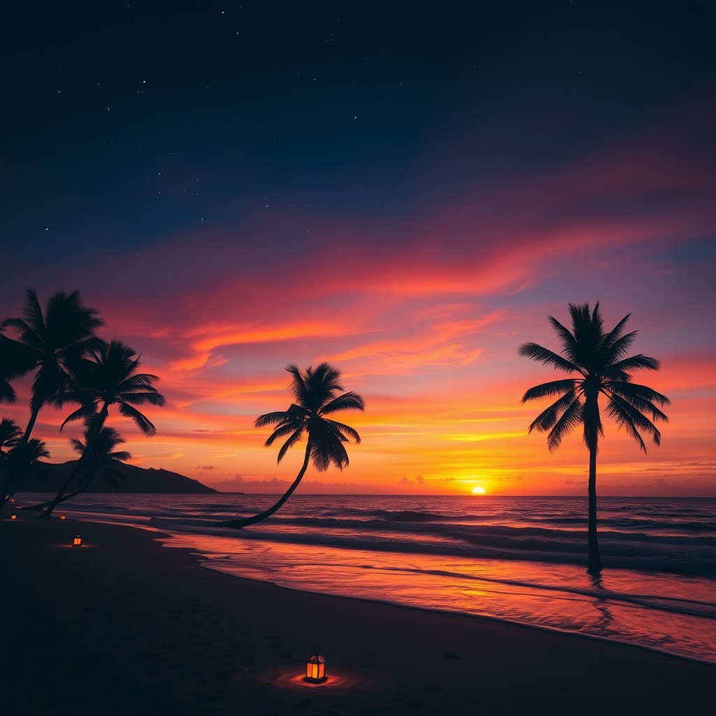 A breathtaking scene of a beach at sunset transitioning into night