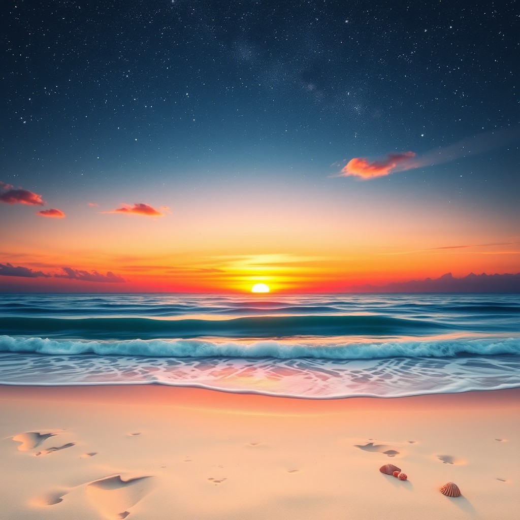 A beautiful sunset beach scene transitioning into a starry night sky