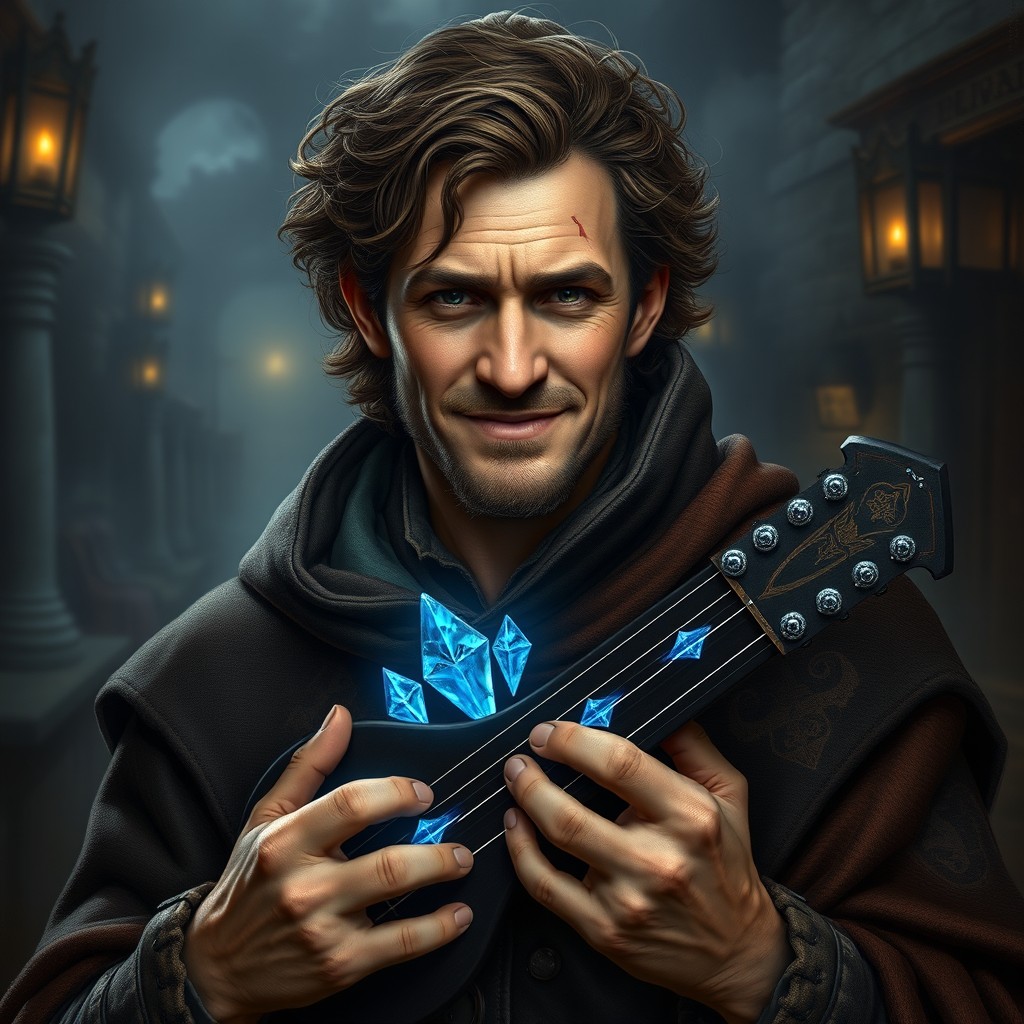 A portrait of a half-elf bard, a 30-year-old man featuring brown curly hair and stubble, with a sarcastic grin