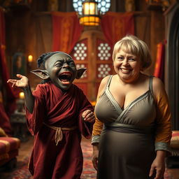 In a vibrant medieval room adorned with rich fabrics and warm lighting, a lively scene unfolds featuring a very short, malnourished 30-year-old Black female dwarf with deep black skin