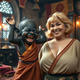 In a vibrant medieval room adorned with rich fabrics and warm lighting, a lively scene unfolds featuring a very short, malnourished 30-year-old Black female dwarf with deep black skin