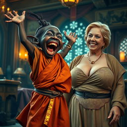 In a vibrant medieval room adorned with rich fabrics and warm lighting, a lively scene unfolds featuring a very short, malnourished 30-year-old Black female dwarf with deep black skin