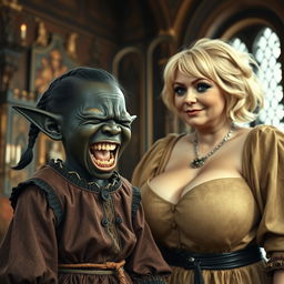 In a richly decorated medieval room, an engaging scene unfolds featuring a very short, malnourished Black female dwarf, approximately 30 years old, with deep black skin