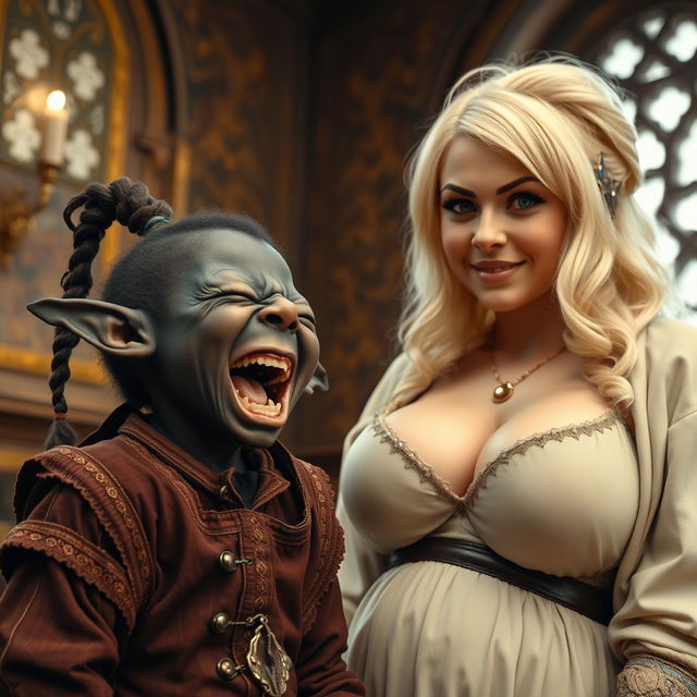 In a richly decorated medieval room, an engaging scene unfolds featuring a very short, malnourished Black female dwarf, approximately 30 years old, with deep black skin