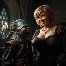 In a dark and atmospheric medieval room, a captivating scene unfolds featuring a malevolent, very short, malnourished 30-year-old Black female dwarf with deep black skin