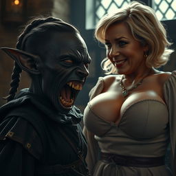 In a dark and atmospheric medieval room, a captivating scene unfolds featuring a malevolent, very short, malnourished 30-year-old Black female dwarf with deep black skin