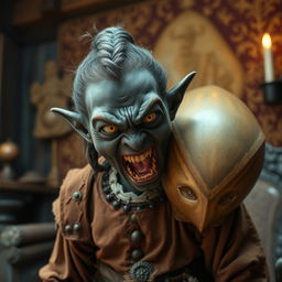 In a medieval room, a malevolent African black dwarf, very short and malnourished at 30 years old, with very dark skin, is wearing a noble medieval outfit