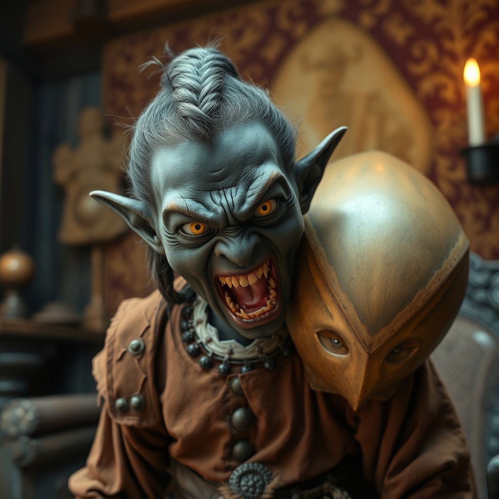 In a medieval room, a malevolent African black dwarf, very short and malnourished at 30 years old, with very dark skin, is wearing a noble medieval outfit