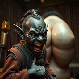 In a medieval room, a malevolent African black dwarf, very short and malnourished at 30 years old, with very dark skin, is wearing a noble medieval outfit