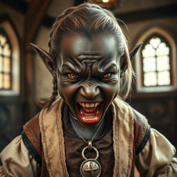 In a medieval room, a short and malnourished black female dwarf, around 30 years old, has deep black skin