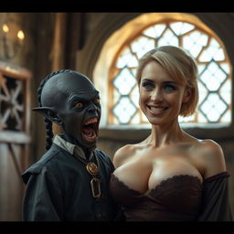 In a medieval room, a short and malnourished black female dwarf, around 30 years old, has deep black skin