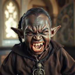 In a medieval room, a short and malnourished black female dwarf, around 30 years old, has deep black skin